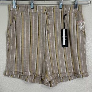NWT Definitions Linen Blend Tan White Striped Button Fly Shorts, Sz Large